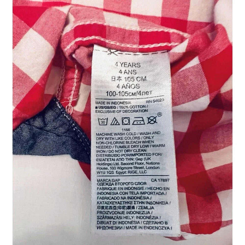 Gap Toddler Boys 4T Red White Gingham Button Down Shirt Roll Tab Sleeves Cotton